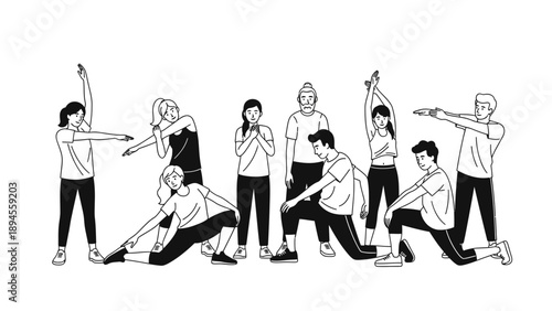 A group of nine diverse people in various yoga poses on a clean white background with black outlines, conveying a sense of wellness and flexibility.