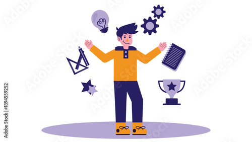 Businessman multitasking with various business icons floating around