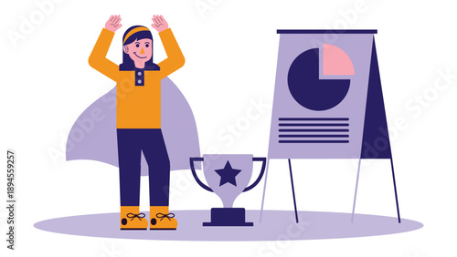 Female business leader with cape standing by a chart and trophy