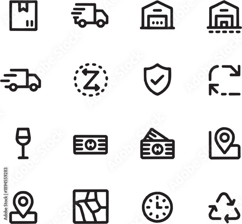 Logistics and service line icon set. Delivery, warehouse, security, payment and location symbols in minimal outline style. Vector illustration.