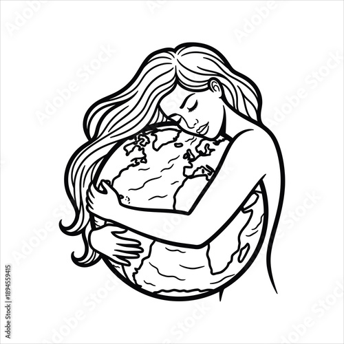 Woman embracing planet earth with closed eyes and flowing hair globe embrace