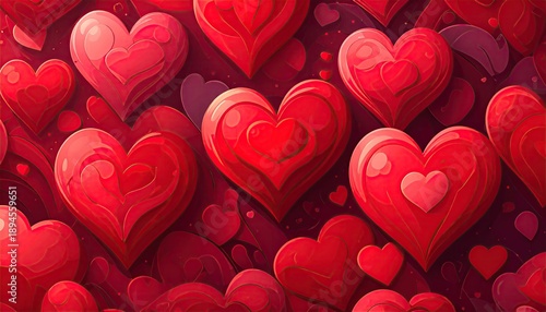 Abstract background of layered glossy red and pink hearts, perfect for Valentines Day and romantic themes.