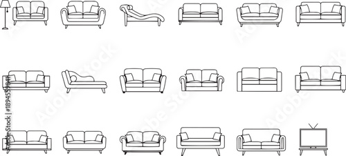 Sofa and armchair furniture set, modern living room seating, minimalist couch outline, interior home decor icons, cad drawing flat vector illustration