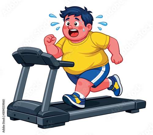 Cartoon illustration of an overweight man depicting effort and exercise on a treadmill for health and fitness concepts