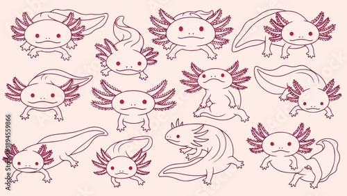 Collection of cute cartoon axolotls in various poses on a soft pink background with red eyes and gills.