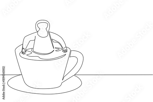 Continuous line drawing of cute orangutan depicts primate animal soaking in warm coffee cup for nature concept. Simple illustration fits an international coffee day theme for great ape lovers