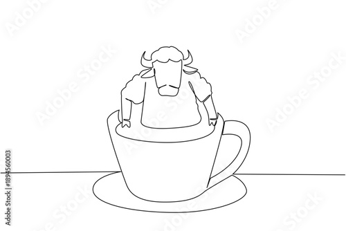 Single line drawing of adored strong bison for a nature concept shows cute animal soaking in coffee cup. Simple sketch fits an international wildlife day theme with the mighty prairie mammal beast