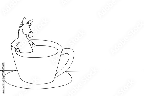 One line drawing of donkey shows cute animal soaking in coffee cup for nature concept. Unique design features farm creature for an international cafe day theme in a minimalist and kids coloring book