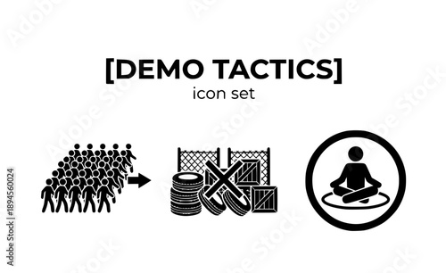 Demonstration Tactics Icon Set - Marching Crowd and Street Barricade Vector Silhouettes