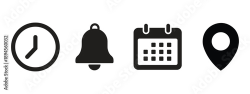 Address time date icons set. Address location icon. Clock icon. Calendar icon. Time, date and address icon set. Modern flat style, perfect for apps, maps, schedules, and business use. Vector Eps 10