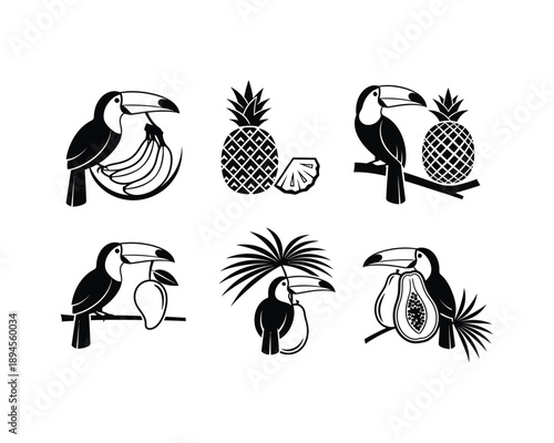 Printtoucan eating fruit, toucan eating Banana, Pineapple, Mango, Papaya, toucan Standing beside fruit, vector silhouette design, toucan eating fruit silhouette, toucan with banana silhouette, toucan 