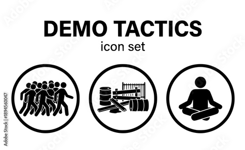 Demonstration Tactics Icon Set - Marching Crowd and Street Barricade Vector Silhouettes