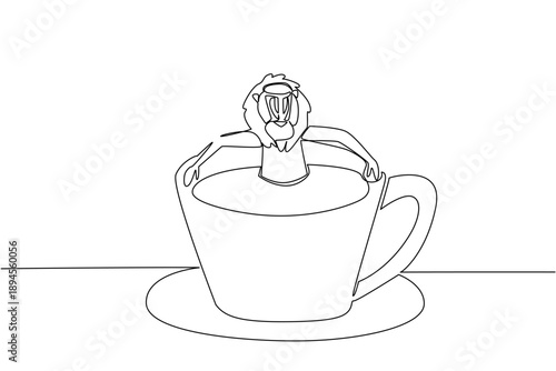 Continuous line drawing of mandrill shows cute animal soaking in coffee cup for nature concept. Unique design features the primate for an international monkey primate day theme in art