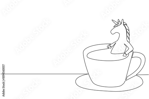 Single line drawing of adored unicorn for nature concept shows cute fairytale animal soaking in coffee cup. Simple sketch fits an international coffee day theme with the favorite mythical creature