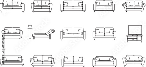Sofa and armchair furniture set, modern living room seating, minimalist couch outline, interior home decor icons, cad drawing flat vector illustration