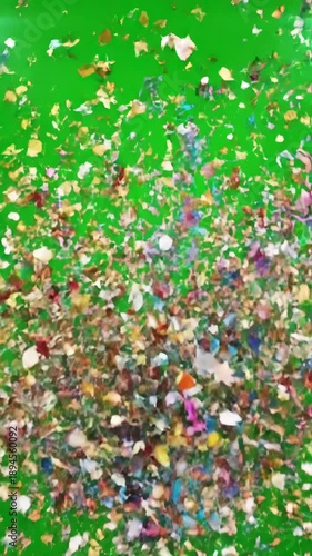 Green Screen confetti party popper explosions on a background two options 3d animation 4k scene 2 with distortion, overlay, glitch, static noise, scan lines black background, animated video loop
