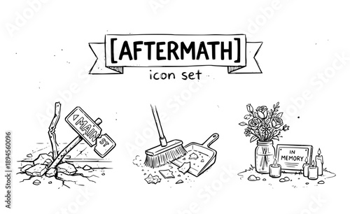 Aftermath of Unrest Icon Set - Broken Sign and Cleanup Vector Silhouettes