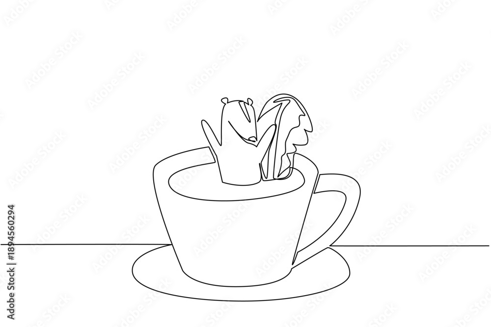 Fototapeta premium Single line drawing of cute skunk features the wild forest animal soaking in warm coffee cup for nature concept. Minimalist design represents an international coffee day theme for children events
