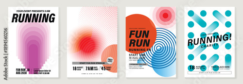 Running fun run poster vector set with bold typography, polka dots, circles and stripes on colorful backgrounds. Modern event design for charity races, marathons, banners and flyers.