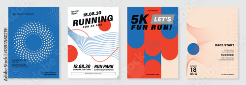 Running fun run poster vector set with bold typography, polka dots, circles and stripes on colorful backgrounds. Modern event design for charity races, marathons, banners and flyers.