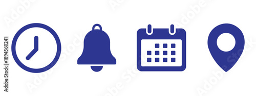 Time, date and address yellow line ,flat icons set. Event calendar reminder clock business schedule sign, location pin symbol, place pointer time map element vector isolated on transparent background