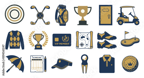Golf instruction and etiquette line icon set with player, swing, and rules