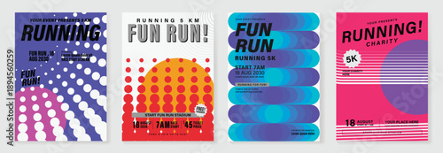 Running fun run poster vector set with bold typography, polka dots, circles and stripes on colorful backgrounds. Modern event design for charity races, marathons, banners and flyers.