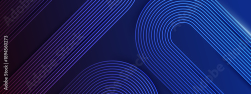 Abstract blue background featuring elegant curved neon lines and geometric stripes for corporate or tech presentations