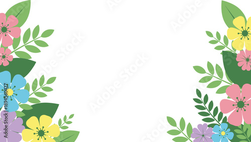 Vibrant floral border with colorful flowers and leaves on white background