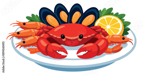 Cartoon seafood set featuring a crab, shrimp, mussels, and lemon for food menus