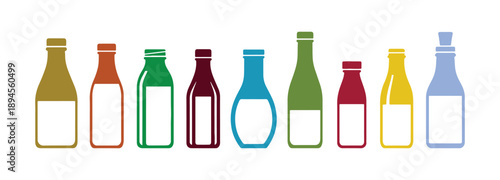 Group of flat-style glass bottles in multiple colors with isolated milk. Vector illustration of flat-style milk

