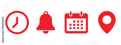 Address time date icons set. Address location icon. Clock icon. Calendar icon. Time, date and address icon set. Calendar, clock, location. Editable stroke. Vector illustration