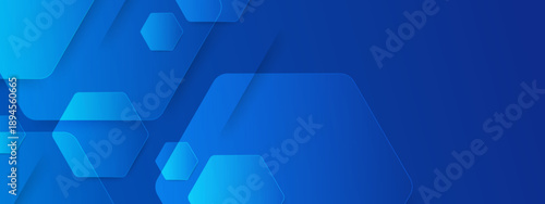 Professional blue background with transparent overlapping hexagon shapes and tech-inspired geometry