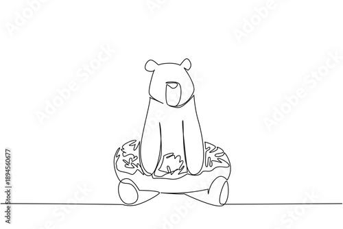 One line drawing of brown bear shows big cute animal sitting inside glazed donut for fancy dessert concept. Unique design features grizzly for an international food day theme in minimalist style art