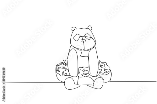 Single line drawing of adored panda for fancy dessert concept shows cute playful animal sitting inside sweet donut. Simple sketch fits international food day with favorite bear from East Asia art