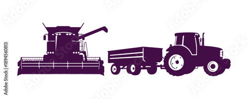 A group of farming machinery silhouettes on a plain white background. Comprising a combine harvester and a tractor with a trailer. Vector clipart

