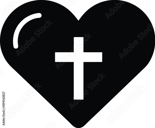 Black heart with white cross symbol on white background