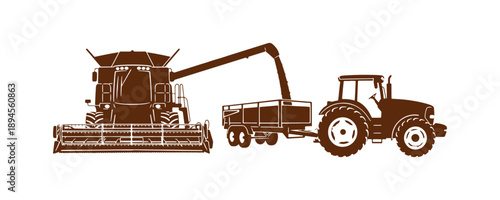 A collection of agricultural machinery outlines set against a white background. Includes a combine harvester and a tractor with a trailer. Vector clipart

