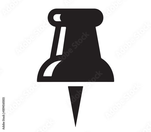 A simple black push pin on a white background