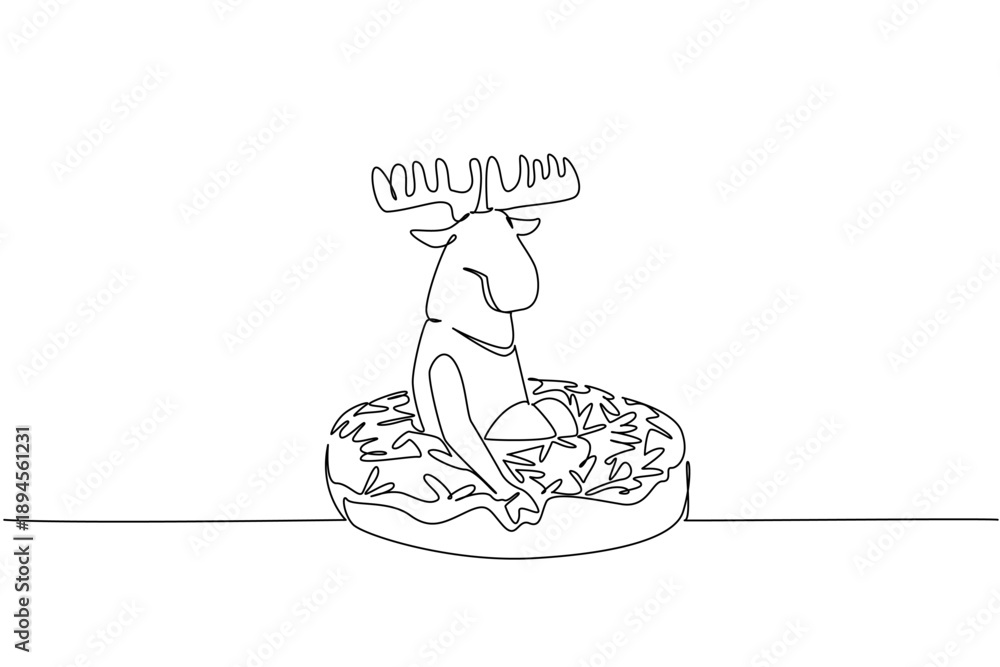 Fototapeta premium Single line drawing of cute playful moose features wild antler forest animal sitting inside glazed donut for food concept. Minimalist design of kids stationery purpose for international wildlife day
