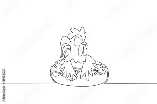 Single line drawing of adored rooster for pastry food concept shows cute animal sitting inside sparkled donut. Simple sketch fits a kids storybook cover purpose with the favorite farm bird animal pet
