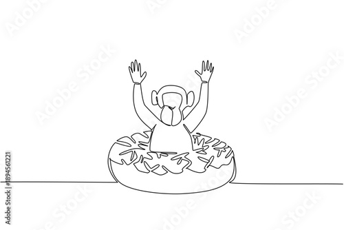 Single line drawing of playful chimpanzee shows cute animal sitting inside sweet donut for fancy pastry concept. Unique design of charming primate for kids wall decor purpose in minimalist style art