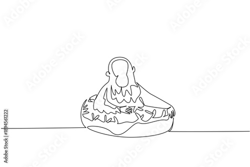 Continuous line drawing of playful cute orangutan depicts big animal lying inside sparkled donut for sweet food concept. Simple illustration fits a nursery poster purpose for great charming ape lover