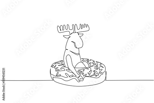Single line drawing of cute playful moose features wild antler forest animal sitting inside glazed donut for food concept. Minimalist design of kids stationery purpose for international wildlife day