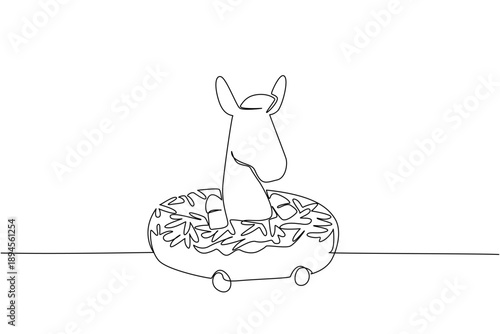 Single line drawing of donkey shows cute animal sitting inside donut for pastry food concept. Unique design of farm creature for nursery poster and kids storybook cover purpose in minimalist style art