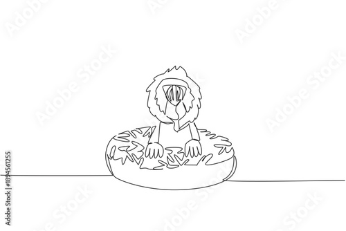 Continuous line drawing of strong mandrill shows cute animal sitting inside sweet donut for pastry food concept. Unique design of playful primate for kids storybook cover purpose in minimalist art
