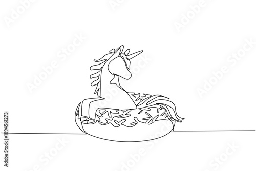 Single line draw of adored unicorn for pastry food concept show cute fantasy animal sitting inside donut. Simple sketch fits nursery poster purpose with favorite mythical horned creature horse animal