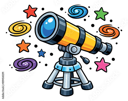 Colorful cartoon illustration of a telescope depicting stars and galaxies for space and astronomy themes