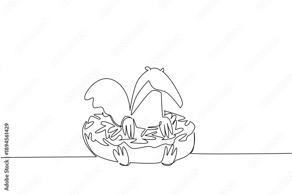 Fototapeta premium Single line drawing of adored giant anteater for pastry food concept shows playful animal lying inside donut. Simple sketch fits kids wall decor purpose for international forest wildlife day theme art