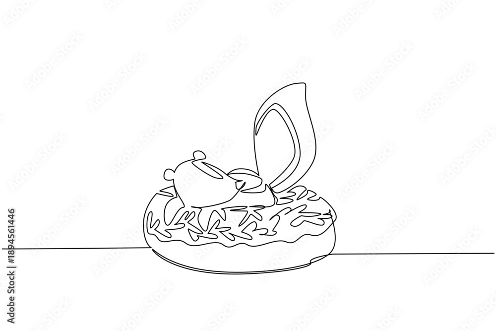 Obraz premium Single line drawing of fluffy tailed skunk features wild animal sitting inside glazed donut for snack food concept. Minimalist design of kids stationery purpose for rainforest wildlife day event theme